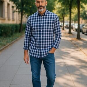 Michael Kors Men's Tailor Fit Blue Checkered Long Sleeve Shirt Size Large